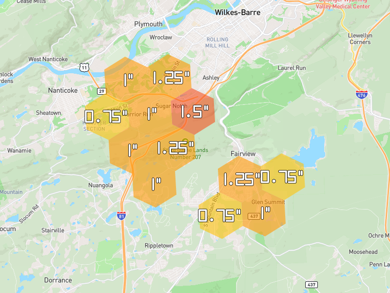 Hail map of Mountain Top, PA on Jul 3, 2026, hail up to 1.5"