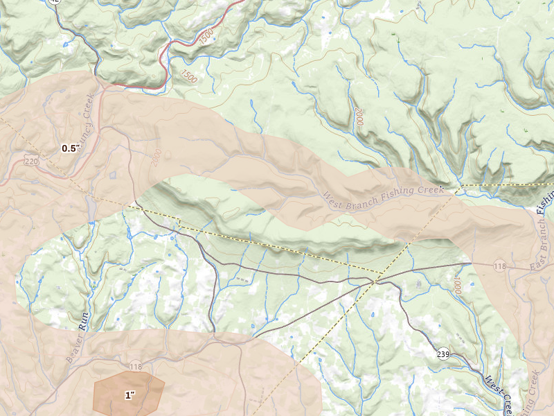 Radar-estimated hail-size map of the storm over Muncy Valley, PA on Aug 27, 2026