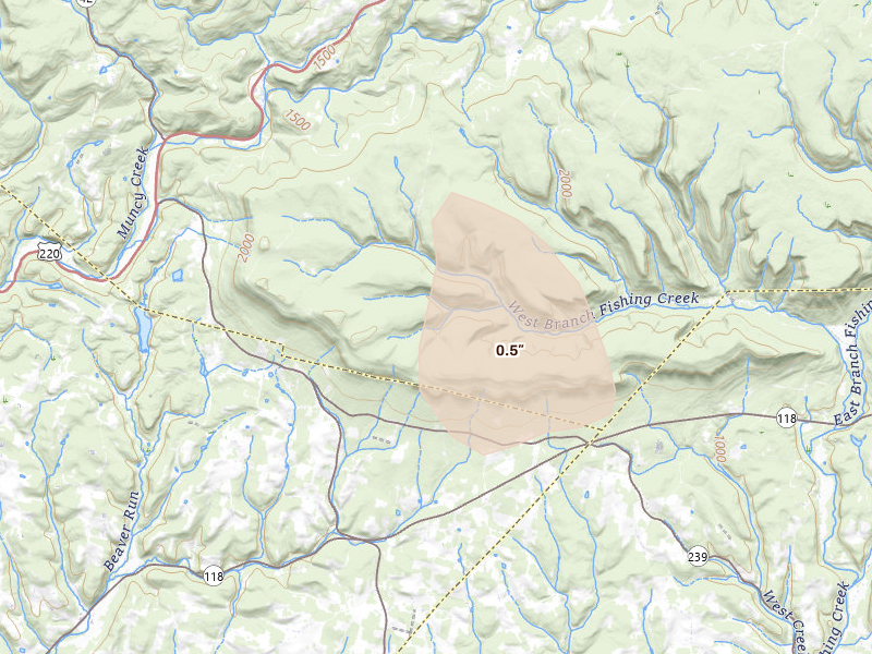 Radar-estimated hail-size map of the storm over Muncy Valley, PA on Sep 1, 2026