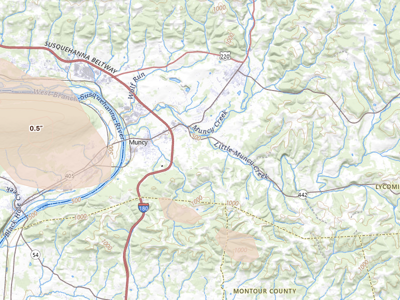 Radar-estimated hail-size map of the storm over Muncy, PA on Jul 3, 2026
