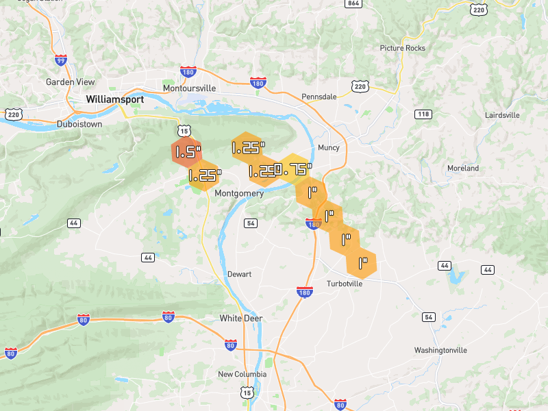 Hail map of Muncy, PA on Jul 3, 2026, hail up to 1.5"