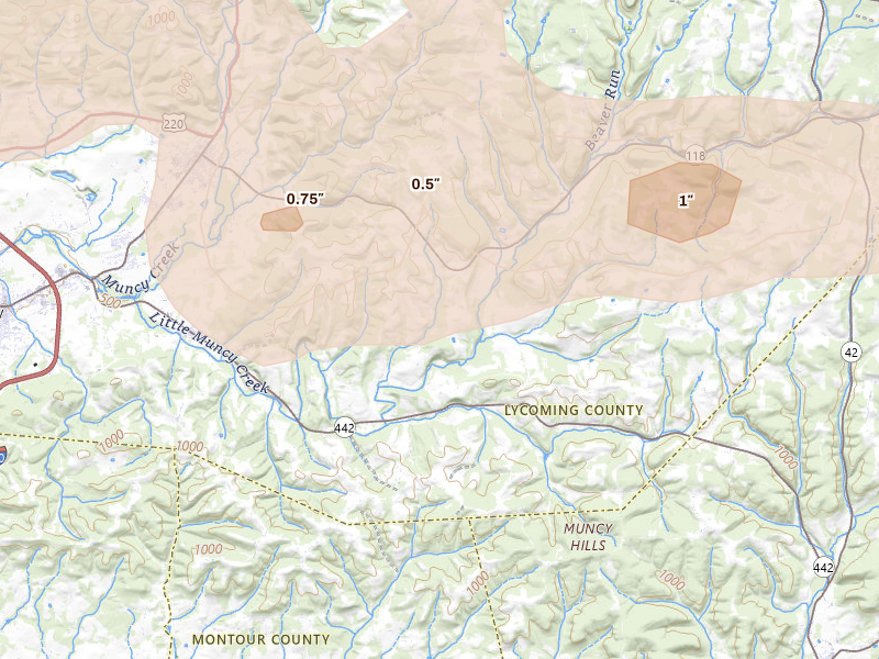 Radar-estimated hail-size map of the storm over Muncy, PA on Aug 27, 2026