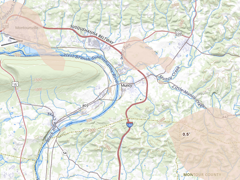 Radar-estimated hail-size map of the storm over Muncy, PA on Sep 1, 2026
