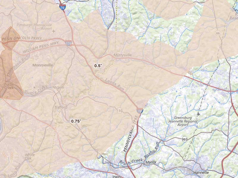 Radar-estimated hail-size map of the storm over Murrysville, PA