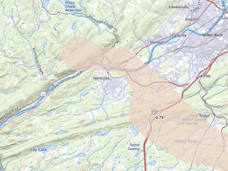 Radar-estimated hail-size map of the storm over Nanticoke, PA on Jul 3, 2026