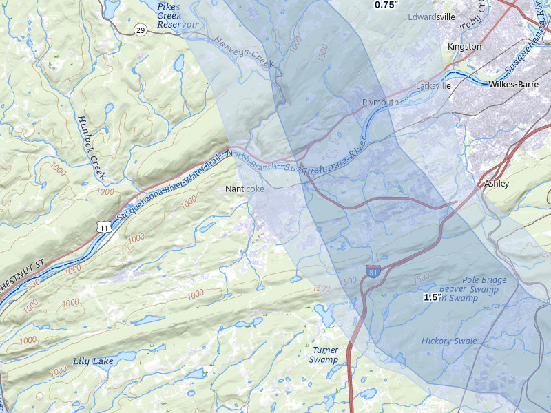 NEXRAD radar-signature map of the hail over Nanticoke, PA