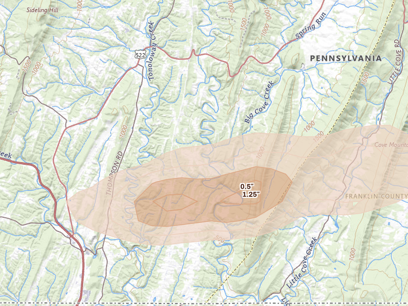 Radar-estimated hail-size map of the storm over Needmore, PA on May 20, 2026