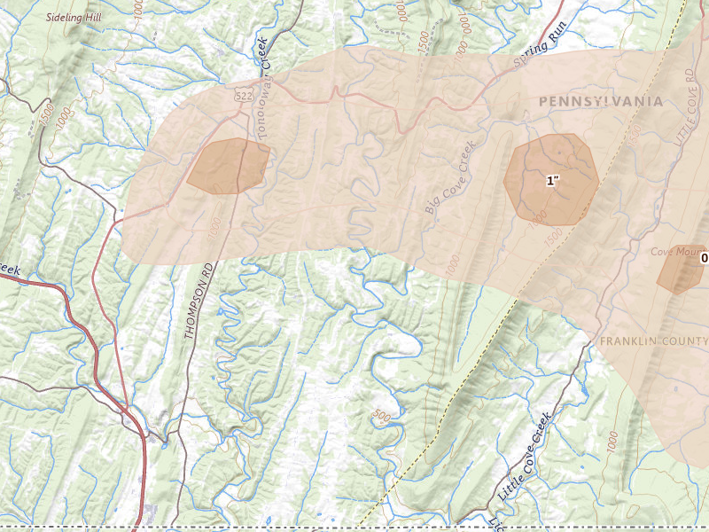 Radar-estimated hail-size map of the storm over Needmore, PA on Aug 22, 2026