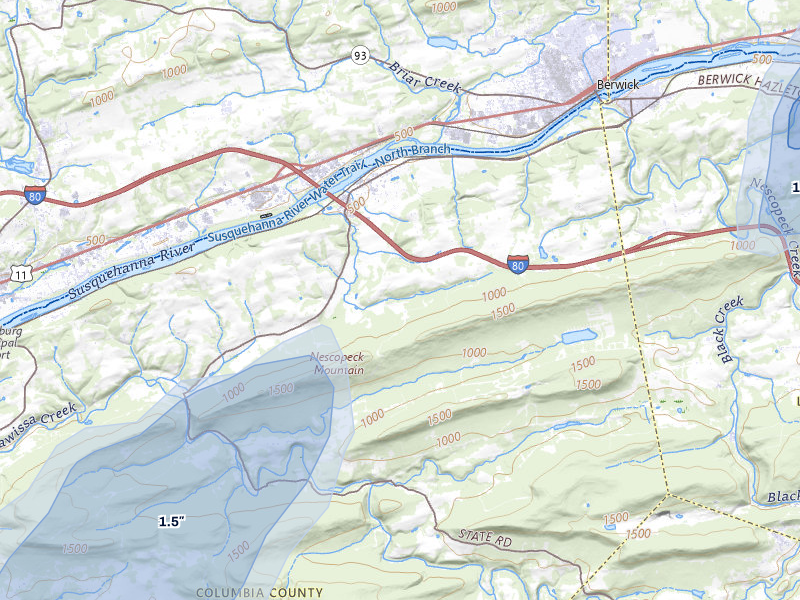 NEXRAD radar-signature map of the hail storm over Nescopeck, PA on Aug 7, 2026