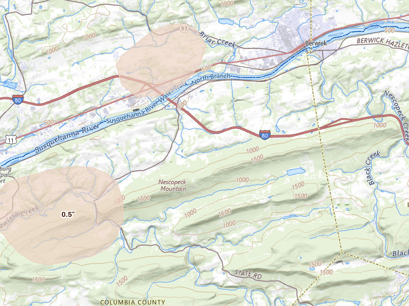 Radar-estimated hail-size map of the storm over Nescopeck, PA on Aug 27, 2026