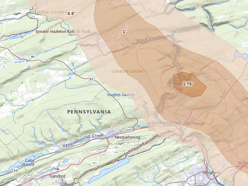 Radar-estimated hail-size map of the storm over Nesquehoning, PA on Jul 15, 2026