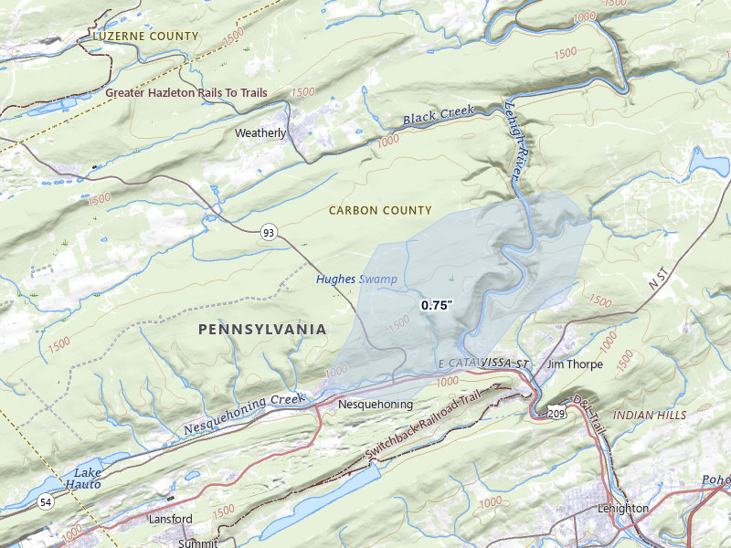 NEXRAD radar-signature map of the hail storm over Nesquehoning, PA on Jul 28, 2026
