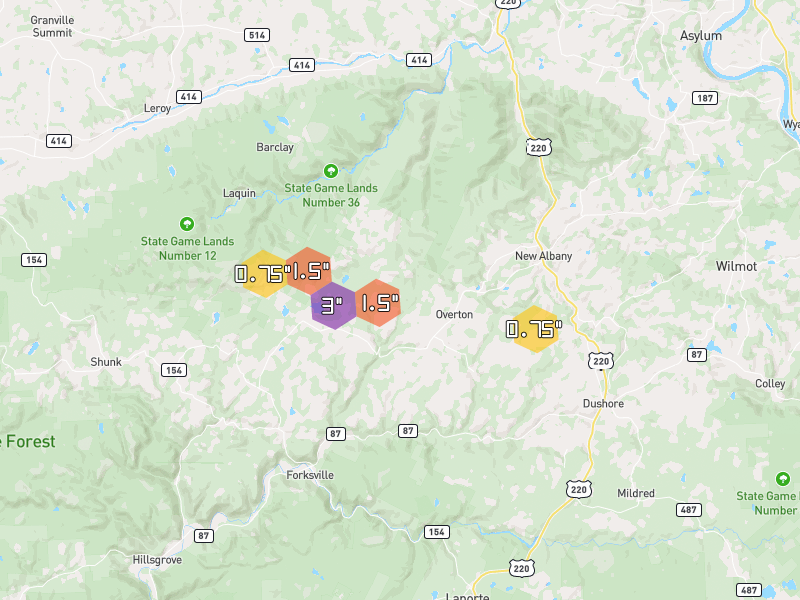 Hail map of New Albany, PA on Jul 4, 2026, hail up to 3"