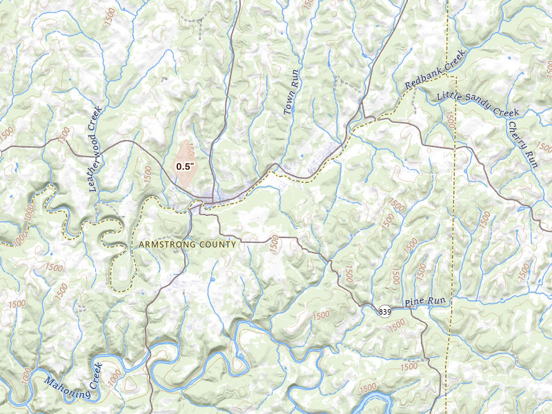 Radar-estimated hail-size map of the storm over New Bethlehem, PA on Mar 22, 2026