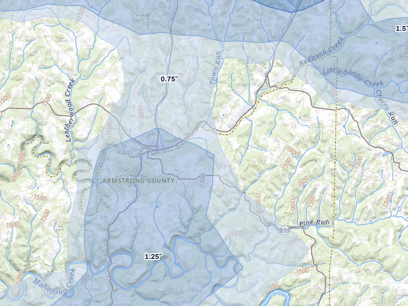NEXRAD radar-signature map of the hail storm over New Bethlehem, PA on Jul 3, 2026