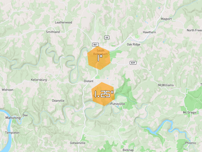 Hail map of New Bethlehem, PA on Jul 4, 2026, hail up to 1.25"