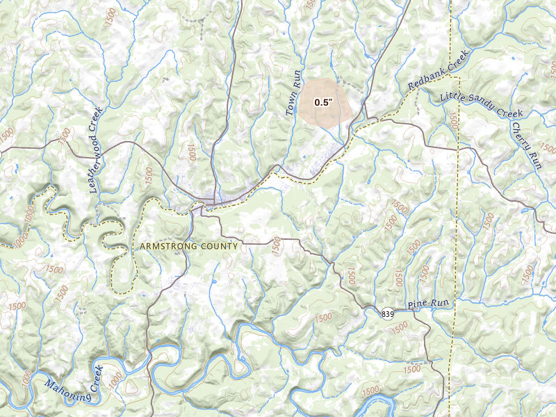 Radar-estimated hail-size map of the storm over New Bethlehem, PA on Jul 5, 2026