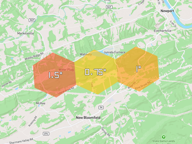 Hail map of New Bloomfield, PA on Jun 6, 2026, hail up to 1.5"