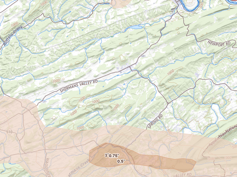 Radar-estimated hail-size map of the storm over New Bloomfield, PA on Jul 5, 2026