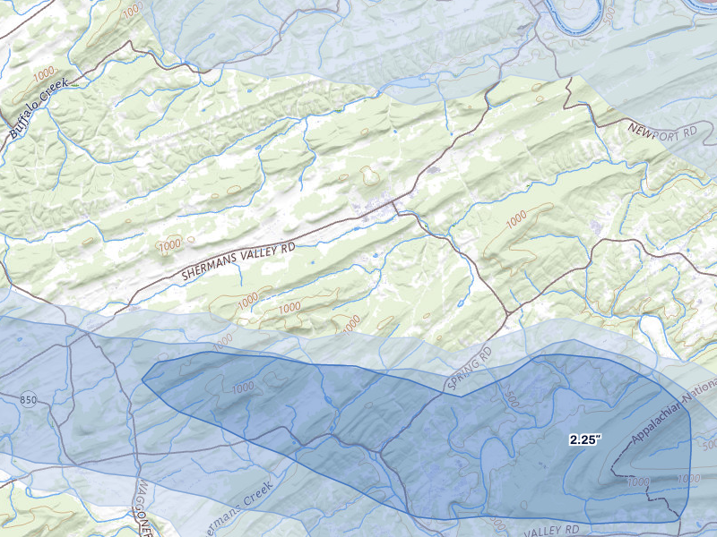 NEXRAD radar-signature map of the hail storm over New Bloomfield, PA on Jul 5, 2026