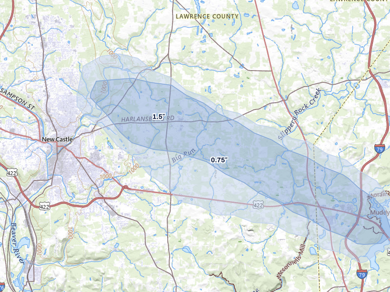 NEXRAD radar-signature map of the hail over New Castle, PA