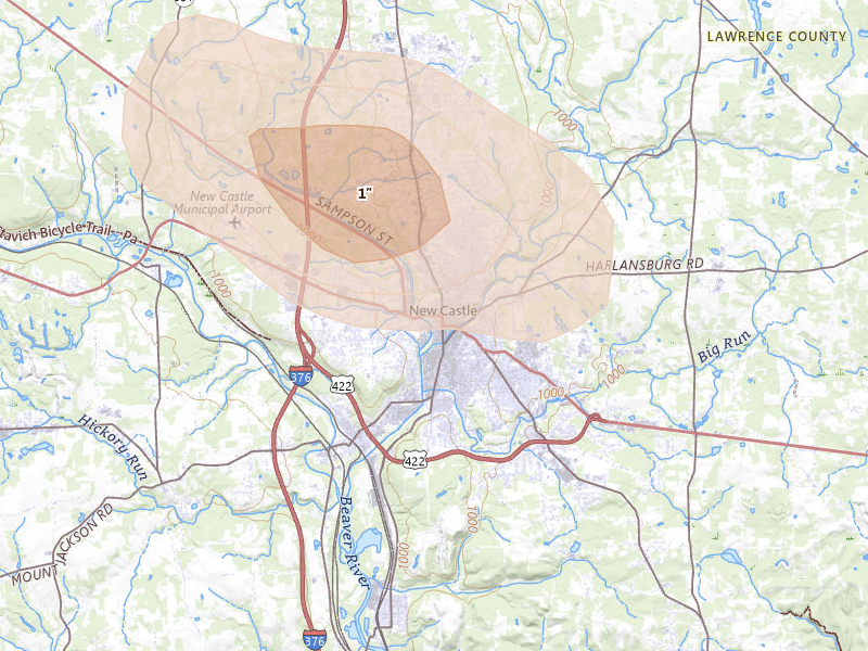 Radar-estimated hail-size map of the storm over New Castle, PA on Aug 10, 2026