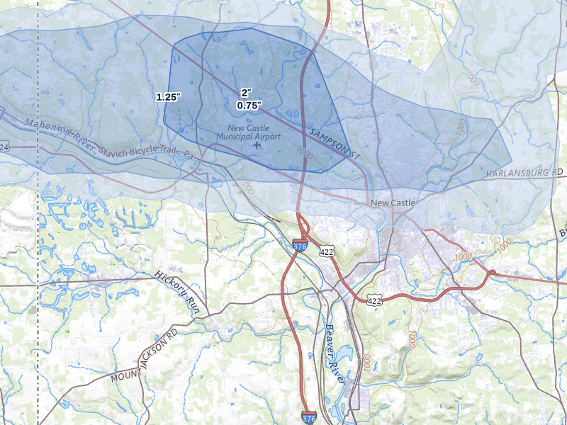 NEXRAD radar-signature map of the hail storm over New Castle, PA on Aug 10, 2026