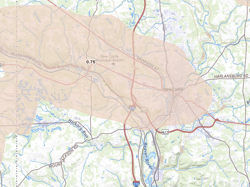 Radar-estimated hail-size map of the storm over New Castle, PA on Sep 3, 2026