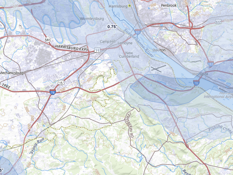NEXRAD radar-signature map of the hail over New Cumberland, PA