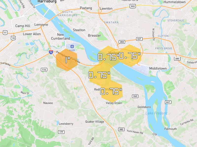 Hail map of New Cumberland, PA on Jul 5, 2026, hail up to 1"