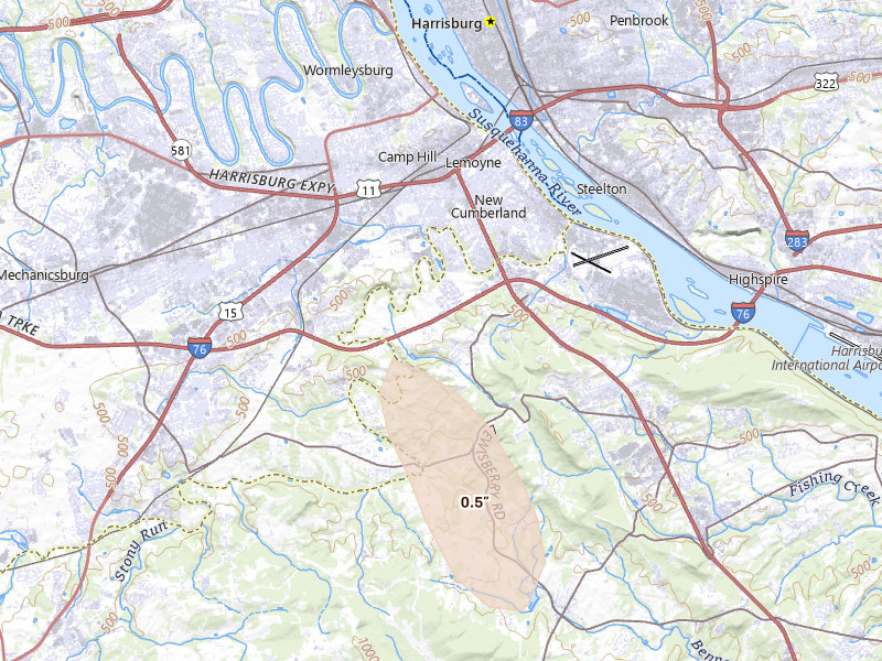 Radar-estimated hail-size map of the storm over New Cumberland, PA on Sep 1, 2026