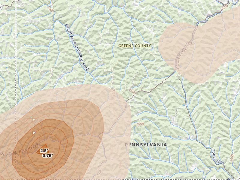 Radar-estimated hail-size map of the storm over New Freeport, PA on Jul 4, 2026