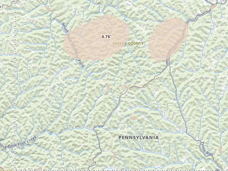 Radar-estimated hail-size map of the storm over New Freeport, PA on Aug 8, 2026