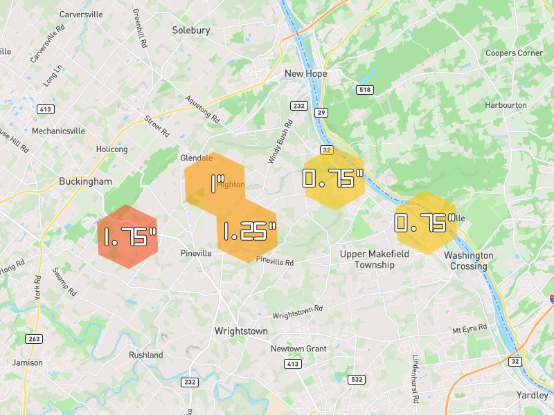 Hail map of New Hope, PA on Jul 5, 2026, hail up to 1.75"