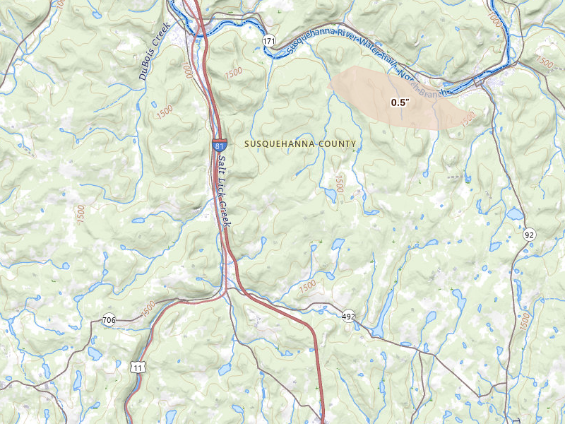 Radar-estimated hail-size map of the storm over New Milford, PA on Jul 1, 2026