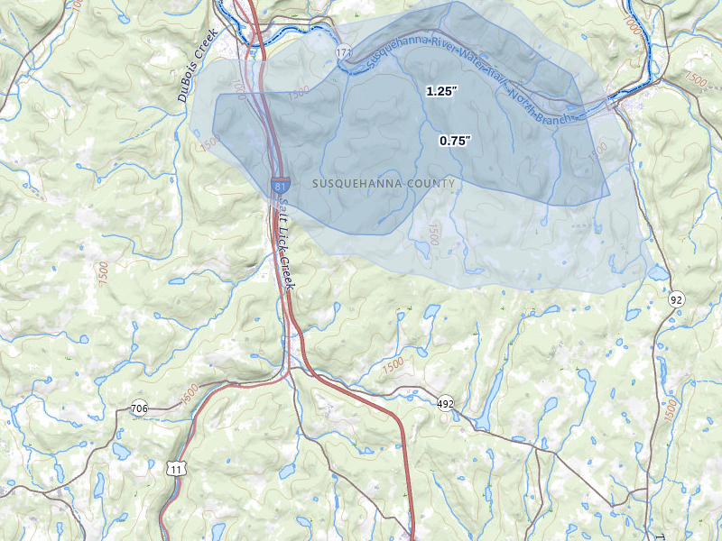 NEXRAD radar-signature map of the hail storm over New Milford, PA on Jul 1, 2026