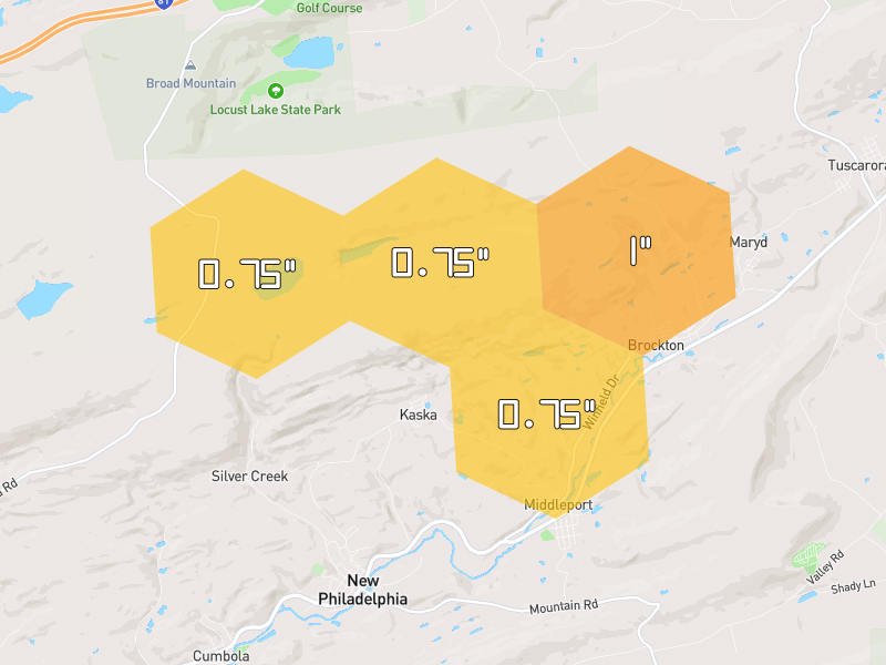 Hail map of New Philadelphia, PA on Jul 3, 2026, hail up to 1"