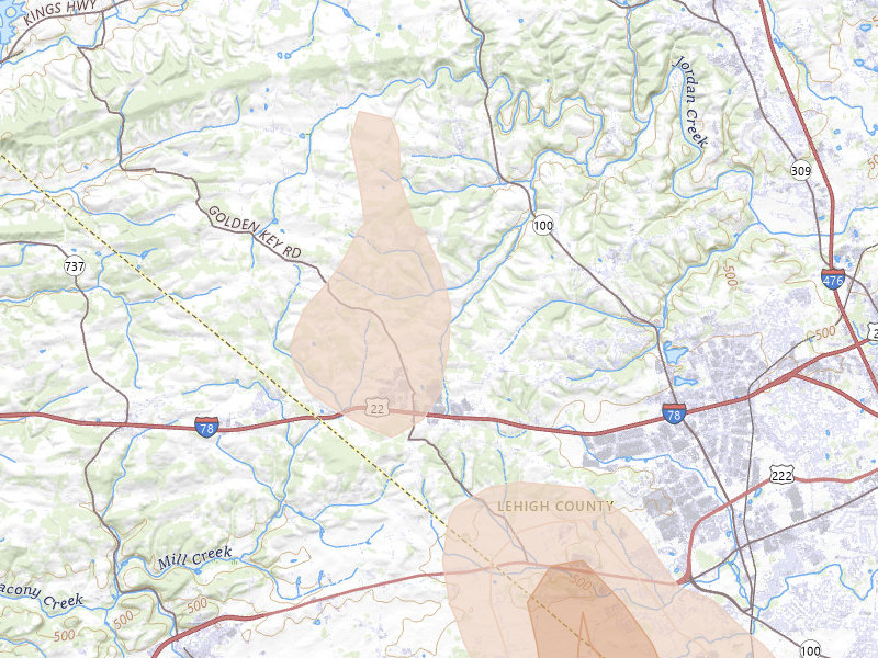 Radar-estimated hail-size map of the storm over New Tripoli, PA on Sep 1, 2026