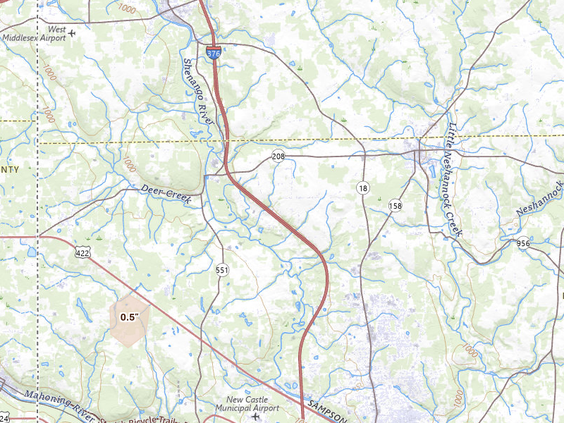 Radar-estimated hail-size map of the storm over New Wilmington, PA on Mar 22, 2026