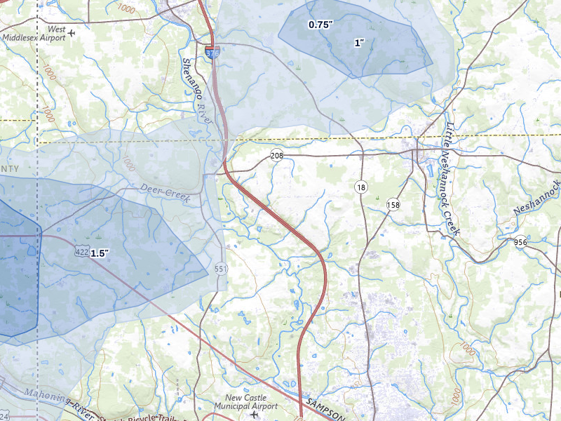 NEXRAD radar-signature map of the hail storm over New Wilmington, PA on Jul 3, 2026
