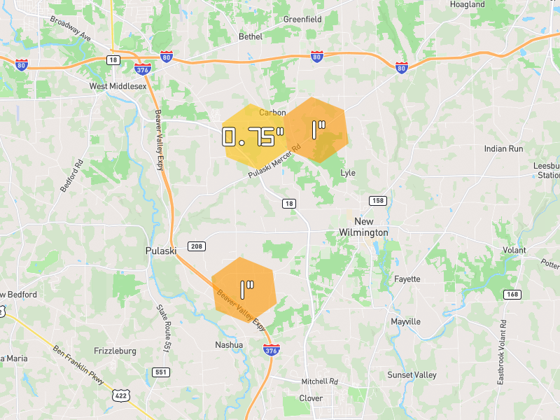 Hail map of New Wilmington, PA on Jul 4, 2026, hail up to 1"