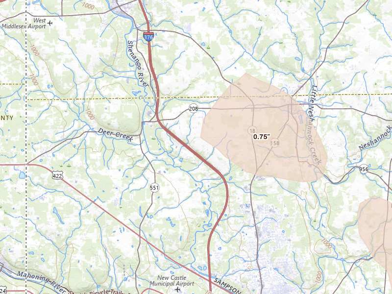 Radar-estimated hail-size map of the storm over New Wilmington, PA on Jul 10, 2026