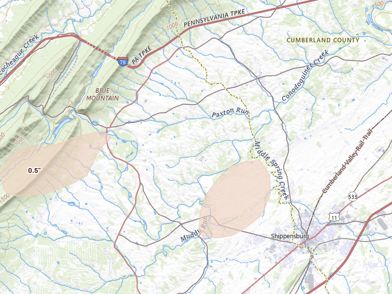 Radar-estimated hail-size map of the storm over Newburg, PA on Aug 7, 2026