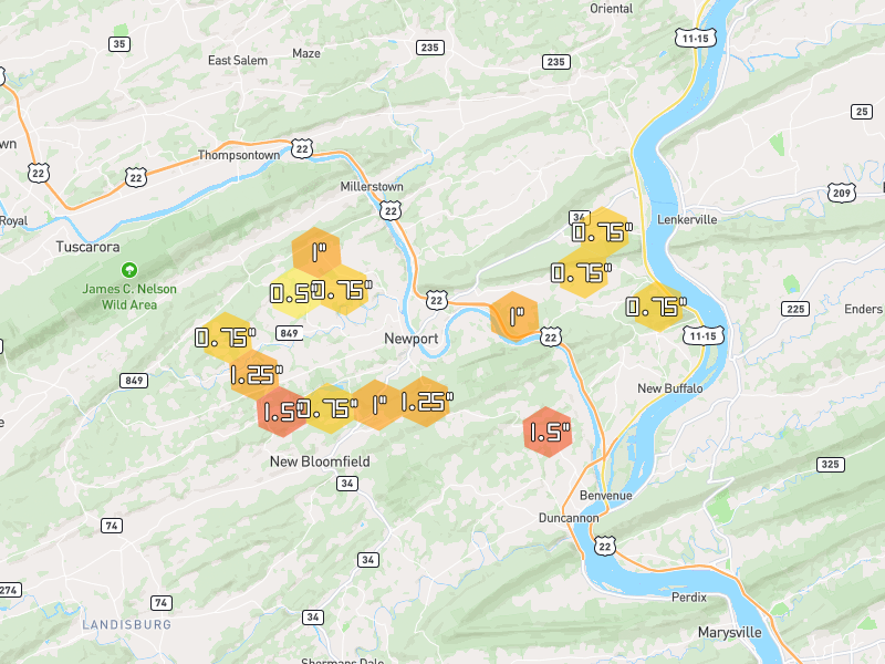 Hail map of Newport, PA on Jun 6, 2026, hail up to 1.5"