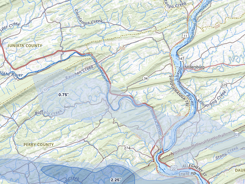 NEXRAD radar-signature map of the hail storm over Newport, PA on Jul 5, 2026