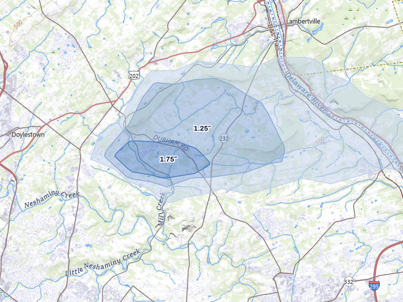 NEXRAD radar-signature map of the hail over Newtown, PA