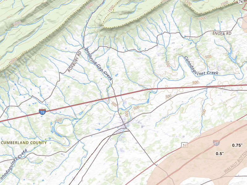 Radar-estimated hail-size map of the storm over Newville, PA on Jul 5, 2026