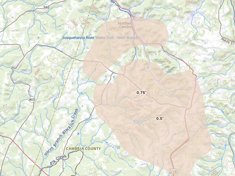 Radar-estimated hail-size map of the storm over Nicktown, PA on Sep 2, 2026
