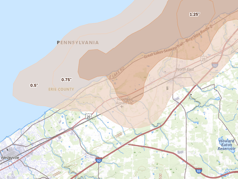 Radar-estimated hail-size map of the storm over North East, PA on Jun 10, 2026