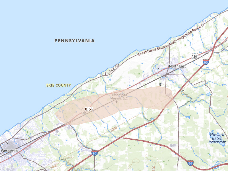 Radar-estimated hail-size map of the storm over North East, PA on Jun 25, 2026